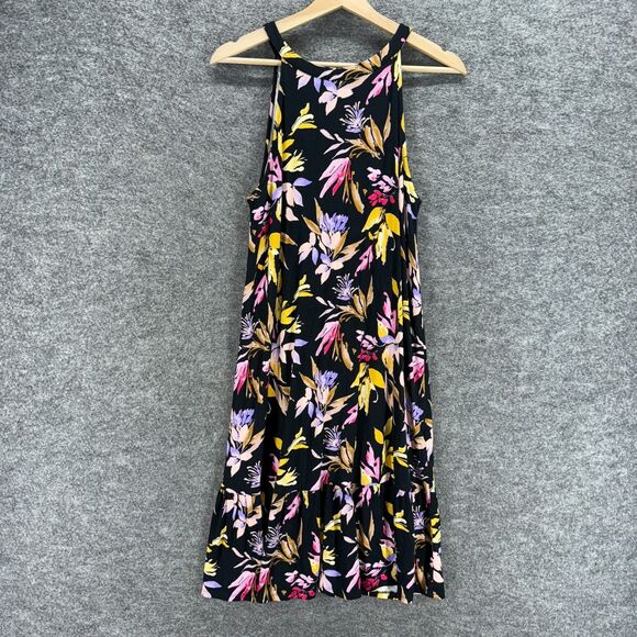 Time And Tru Dress Women L Large Black Floral Shift Midi Sleeveless Rayon Casual - Picture 1 of 7